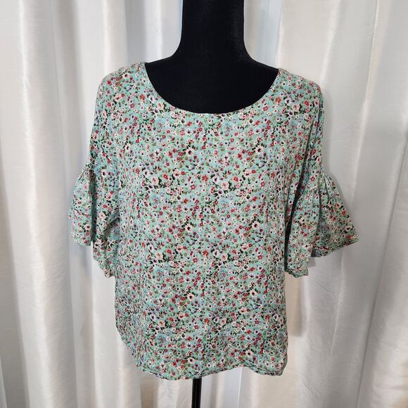VIOLA BORGHI 100% Linen Blouse Floral Short Bell Sleeve Top WOMEN Sz Small - Picture 1 of 10